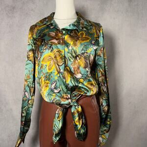 Tropical Floral Print Button-bown Blouse Size Small